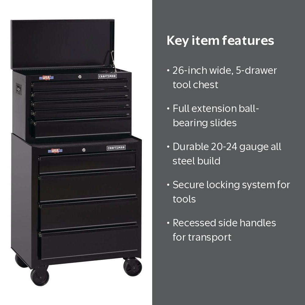 CRAFTSMAN 112521 26 Wide 5-Drawer Standard-Duty Top Chest - Black