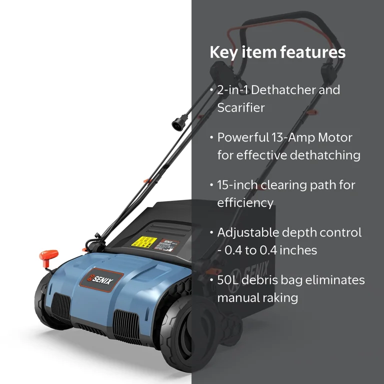 Senix, Dethatcher and Scarifier, 15 inch, 13 Amp corded electric Senix, Dethatcher and Scarifier, 15 inch, 13 Amp corded electric