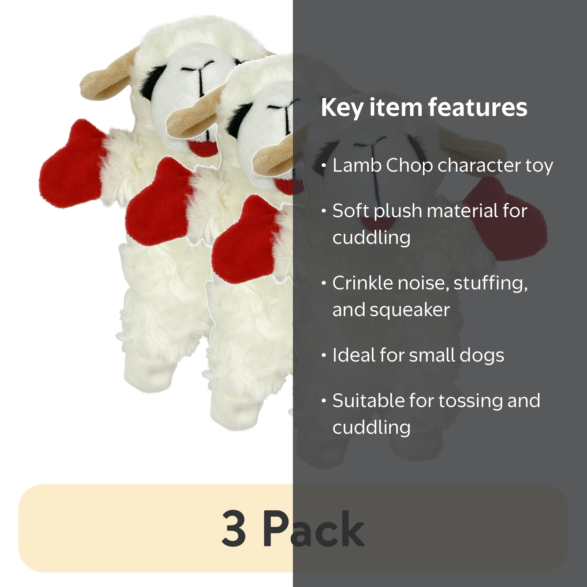 3 pack) Multipet Lamb Chop Plush Crinkle Flop Dog Toy, White with