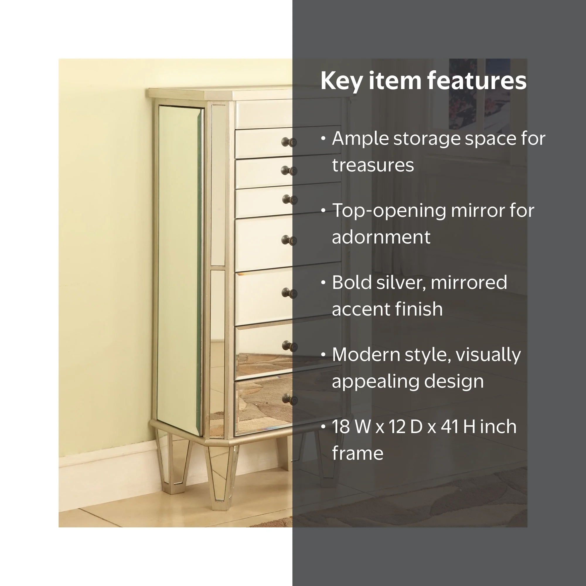 Milan Jewelry Armoire, Mirrored Surfaces and Silver Wood - Walmart.com