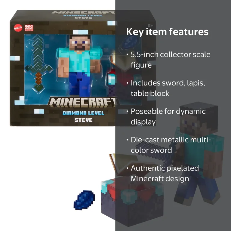Minecraft Diamond Level Steve Action Figure, 3 Accessories, 5.5-in