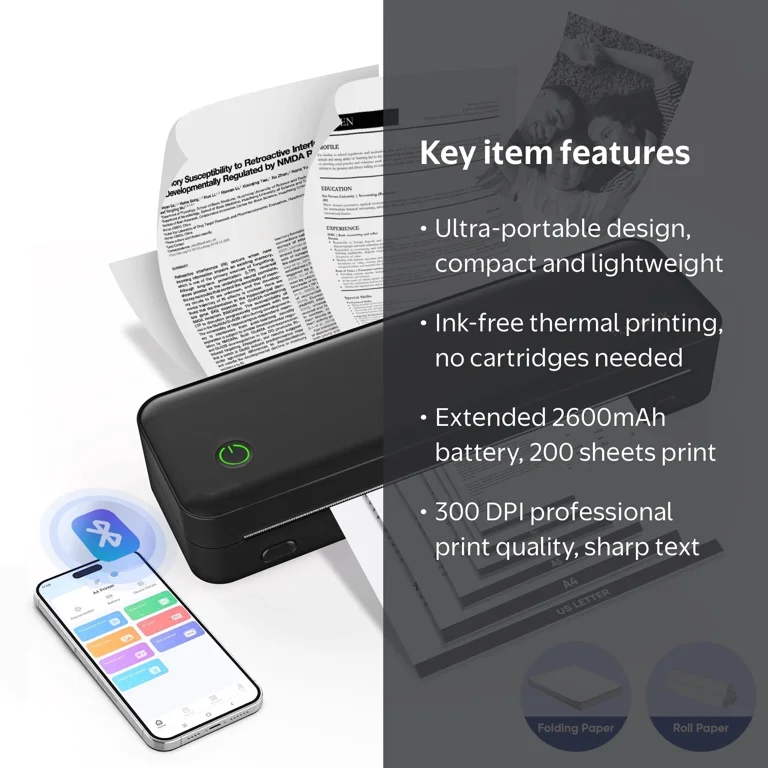 NOVODESK, Thermal Printer, 2600mAh Battery, Wireless Inkless