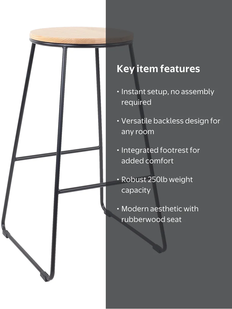 Mainstays 28 Inch Backless Stool Black Metal Base with Natural