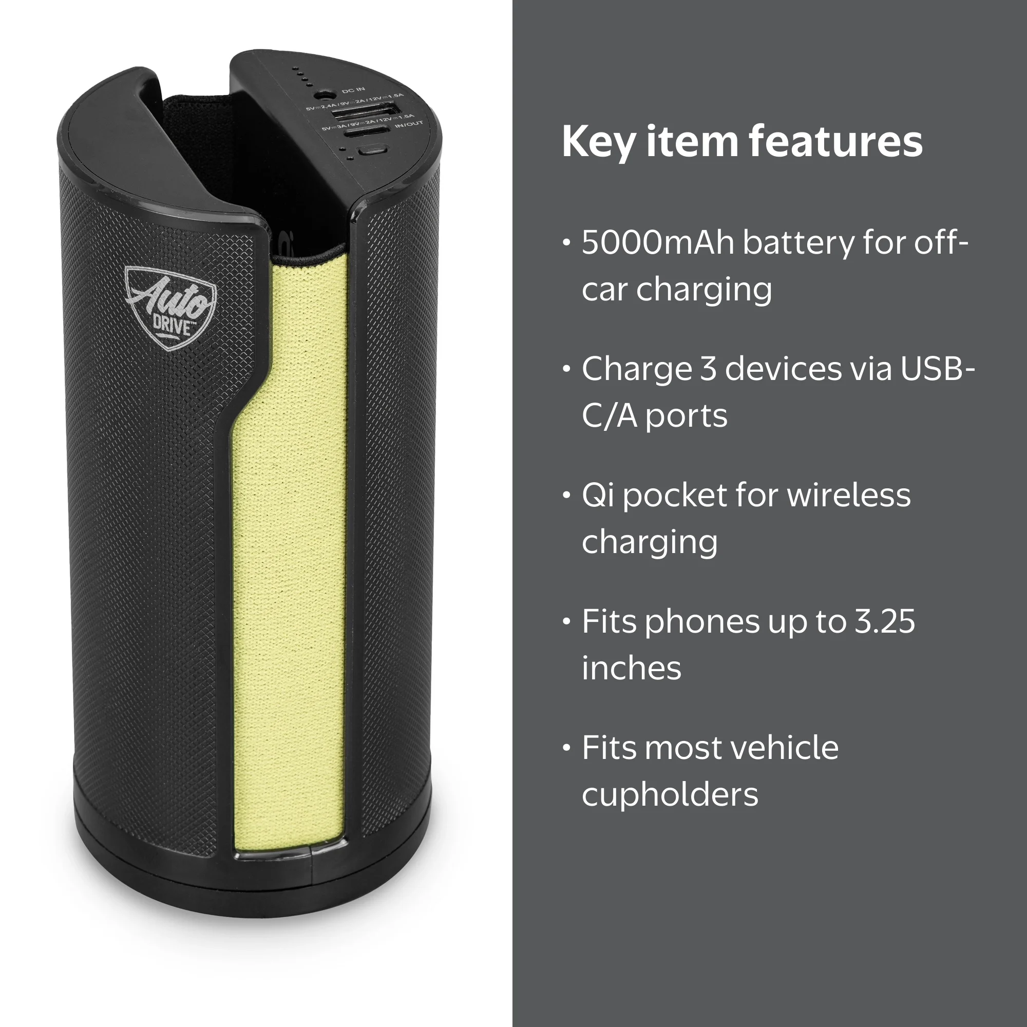 Auto Drive Qi Wireless Cup Holder Power Bank Universal Fit