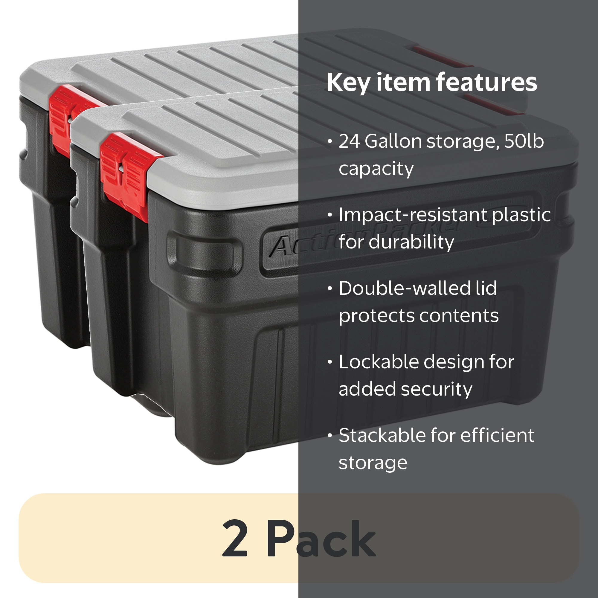 2 pack) Rubbermaid 24 Gallon Action Packer Storage Bin, Heavy Duty