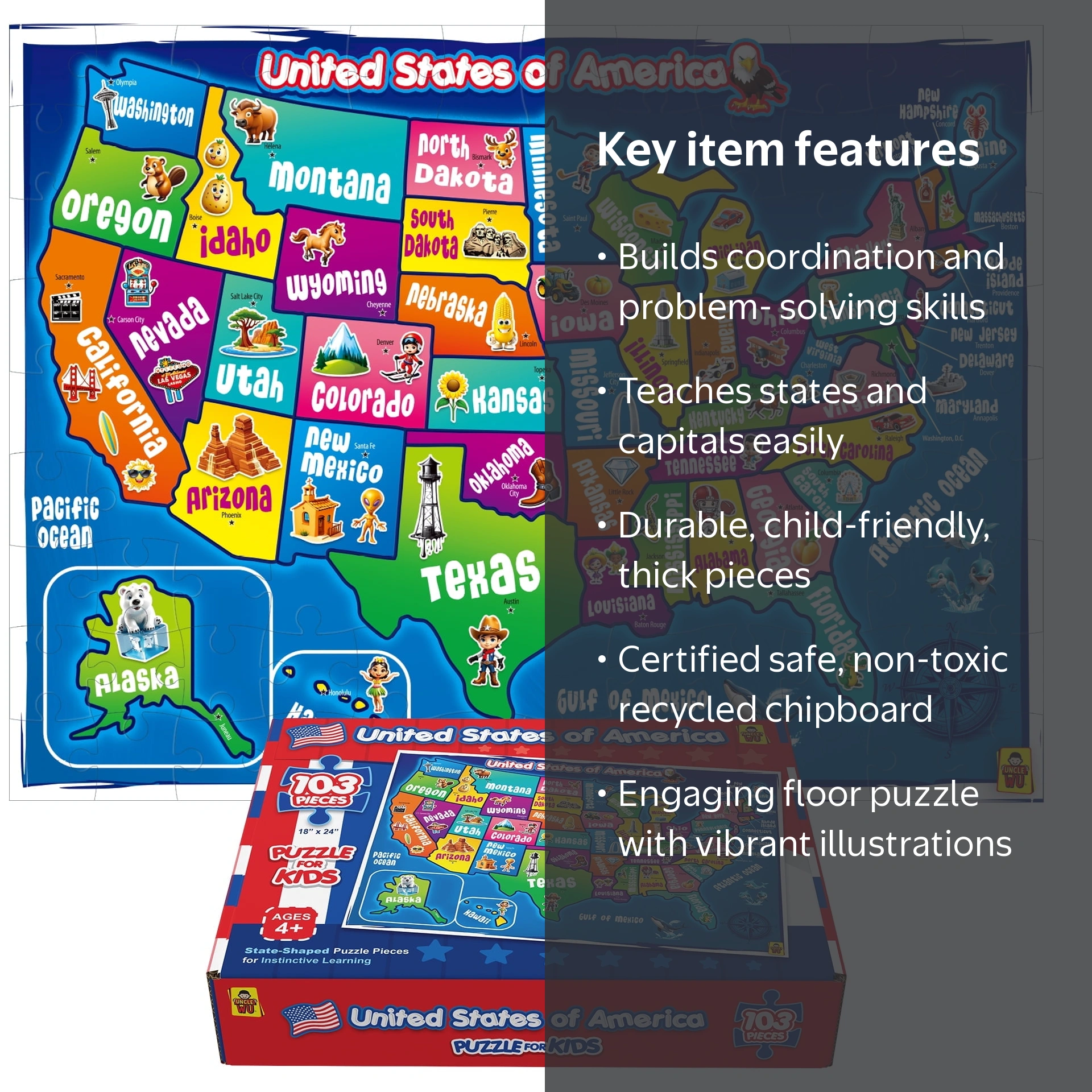 UNCLE WU, USA Map Puzzle for Kids, 103 Pieces, State-Shaped, Large