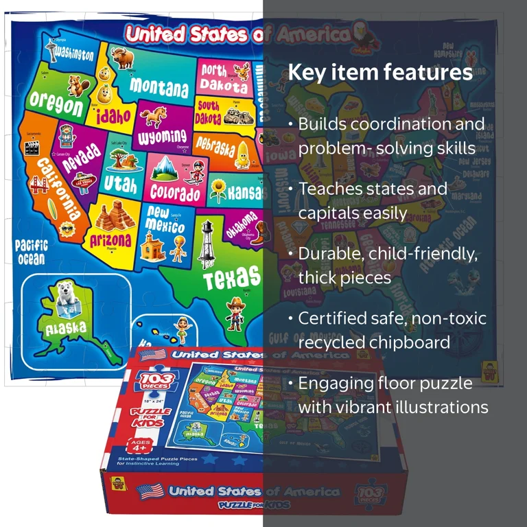 UNCLE WU, USA Map Puzzle for Kids, 103 Pieces, State-Shaped, Large