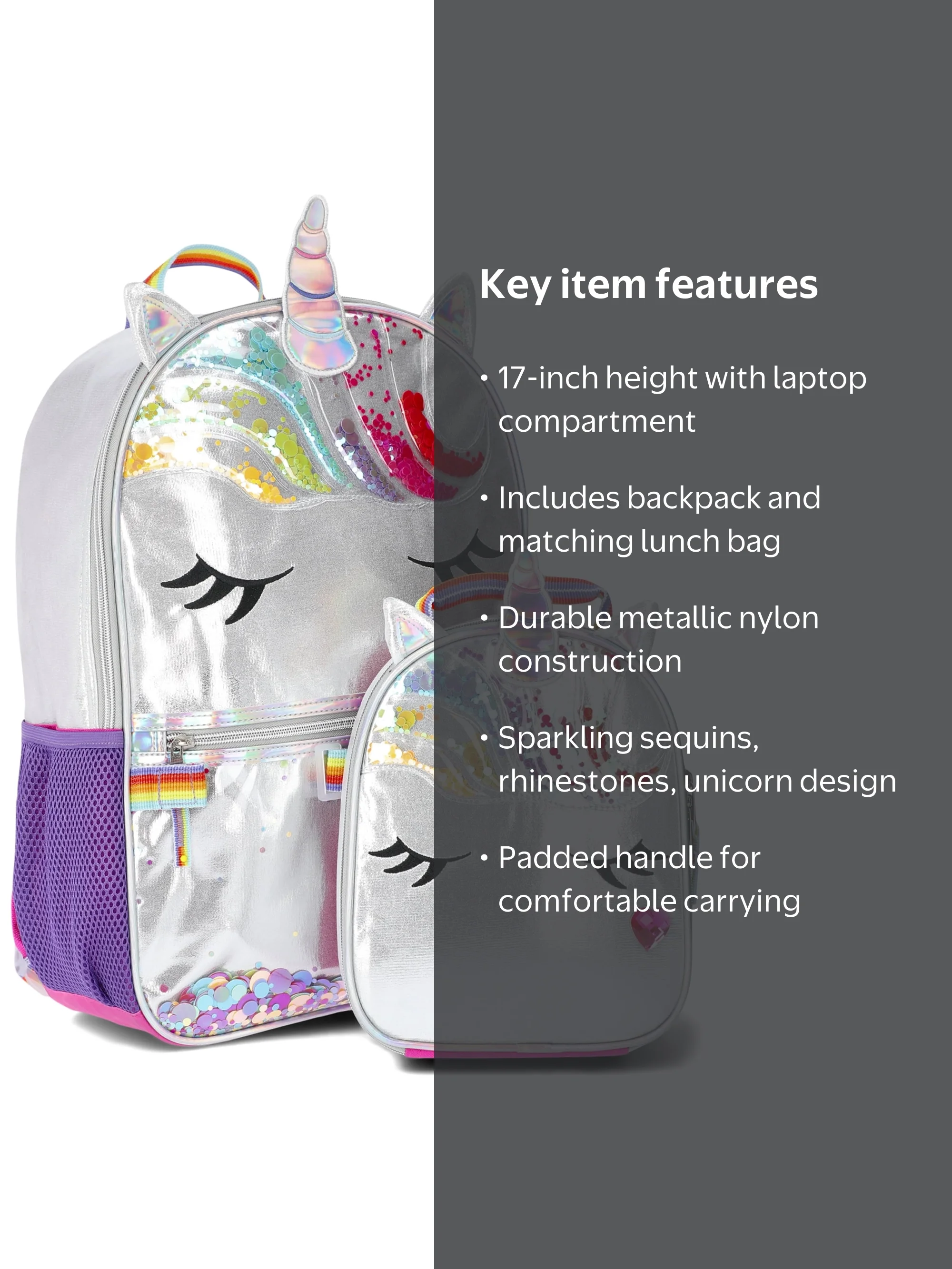 altamonte mall justice unicorn lunch box with mini backpack Decorably 2pc Set Sequined Glittery with Star Patch, Multi-Compartment, Water-Resistant This mini backpack features a dreamy rainbow backdrop with Minions dressed as unicorns and Agnes beloved plush unicorn floating above themliterally Accessory Innovations Kids' Unicorn Insulated