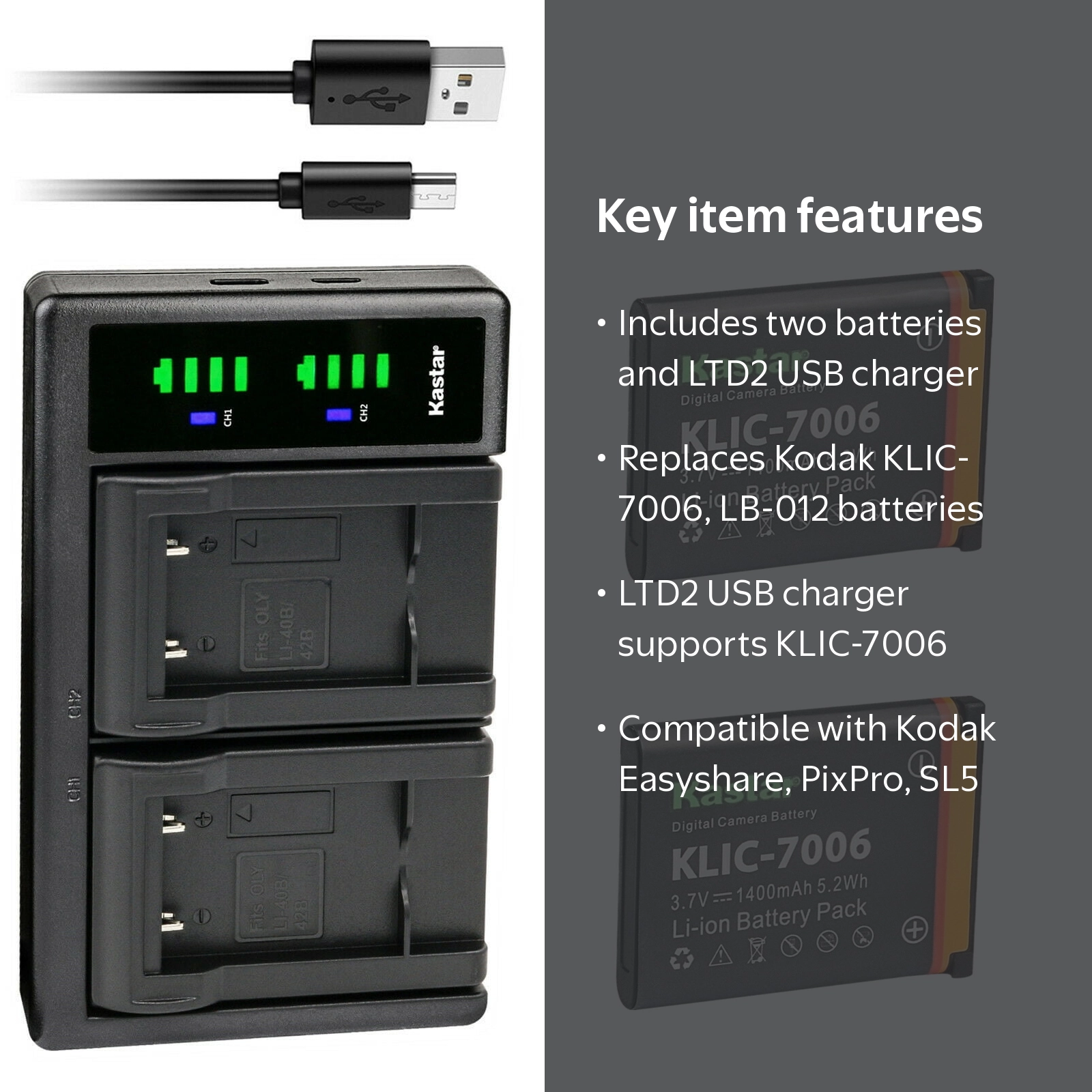 Kastar 2-Pack LB-012 Battery and LTD2 USB Charger Compatible with