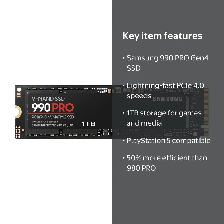 Samsung, SSD 990 PRO 1TB, PCIe 4.0, Up-to 7,450MB/s Read Speeds