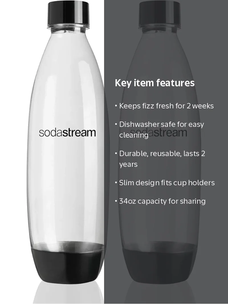 SodaStream, Carbonating Bottles, 1L Slim, Black, Dishwasher Safe