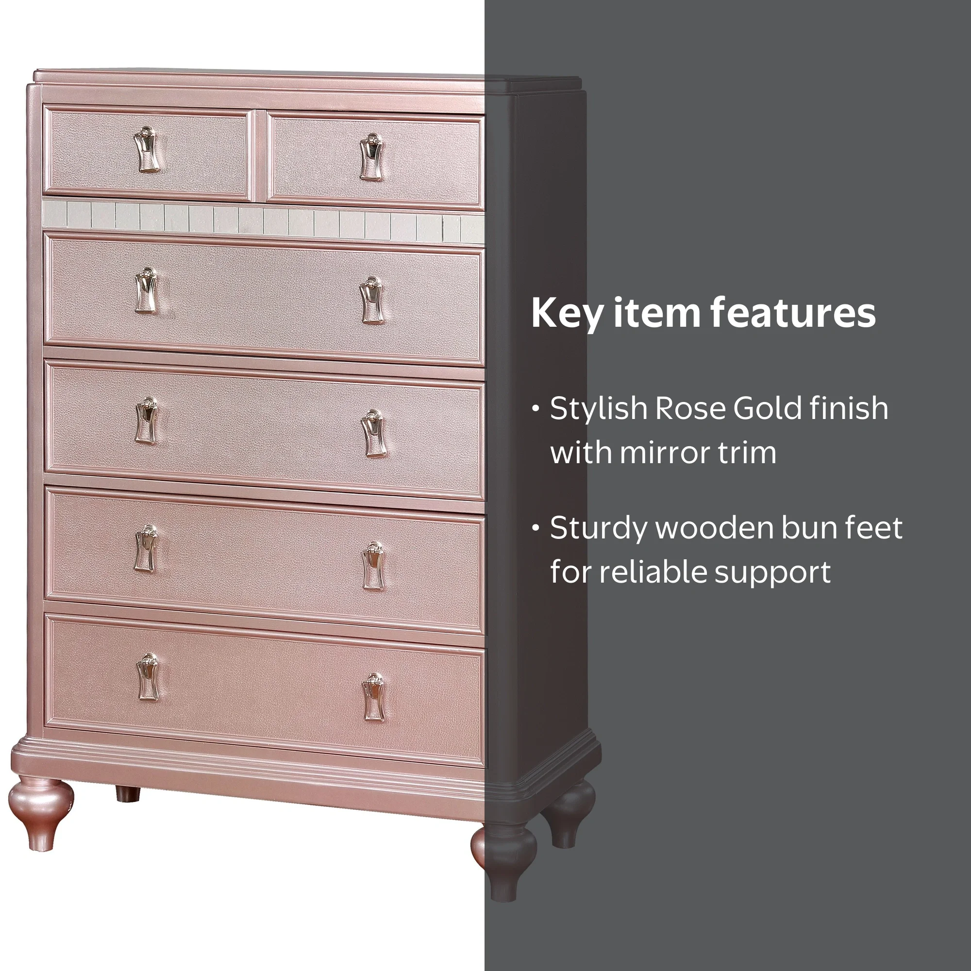rose gold dresser Furniture America Starnom 5-Drawer Chest collection: dresses and jumpsuits