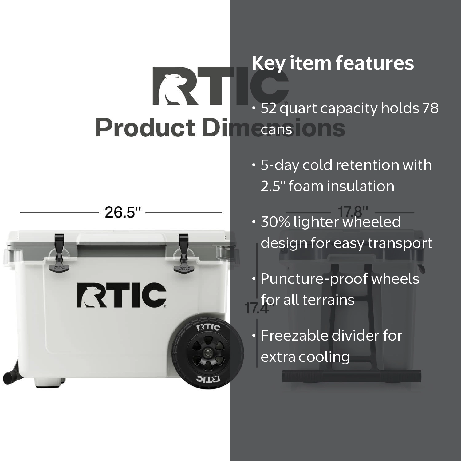 RTIC 52 Quart Wheeled Ultra-Light Hard Cooler Bundle, with