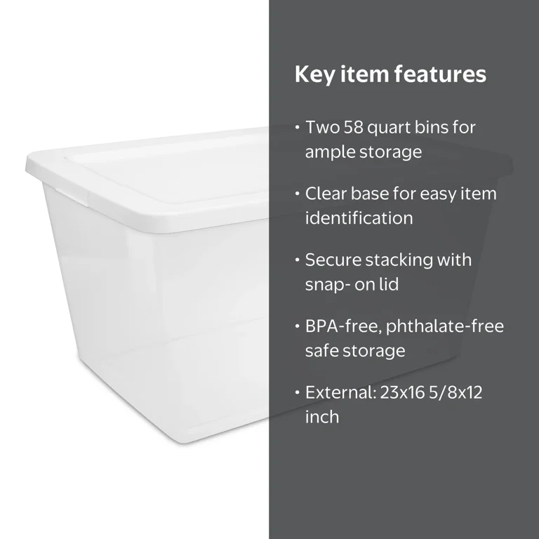 2 pack) Sterilite 58 Quart Medium Storage Bin, Clear Plastic