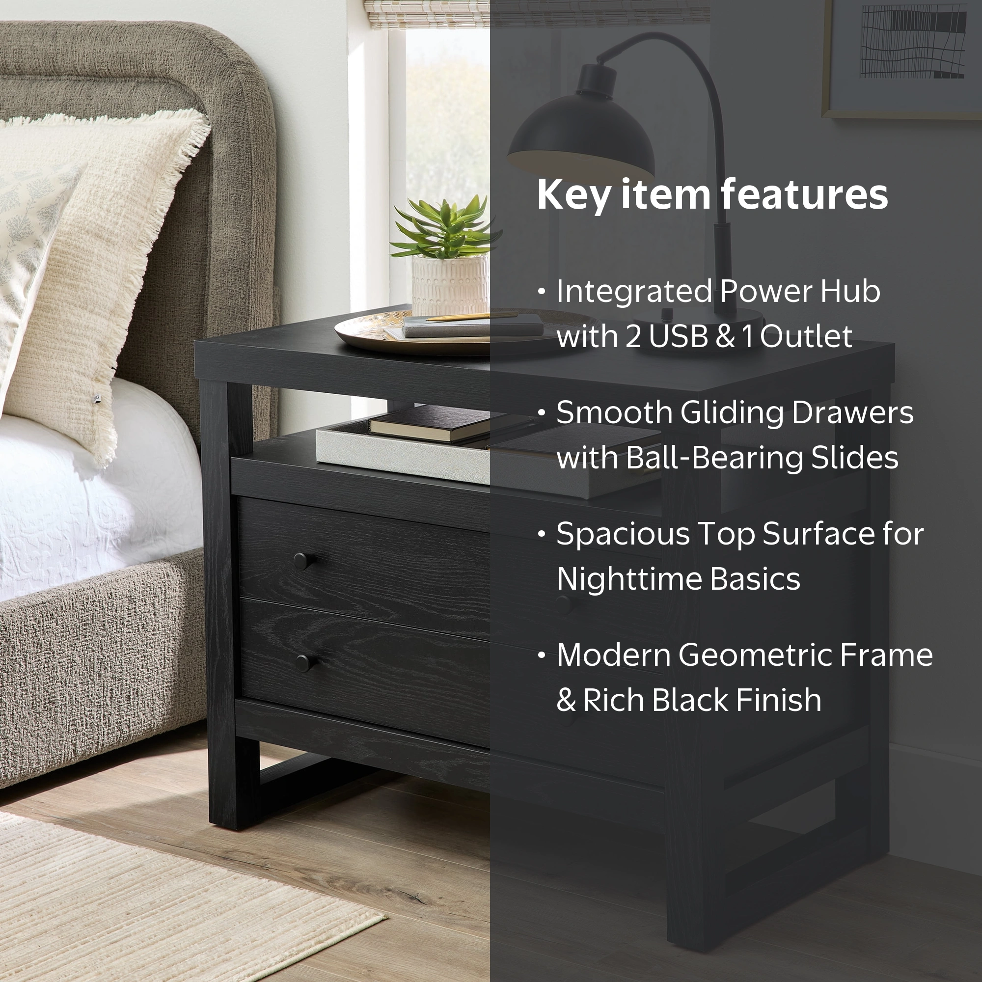 Better Homes & Gardens Ezra 2-Drawer Nightstand, Rich Black Finish
