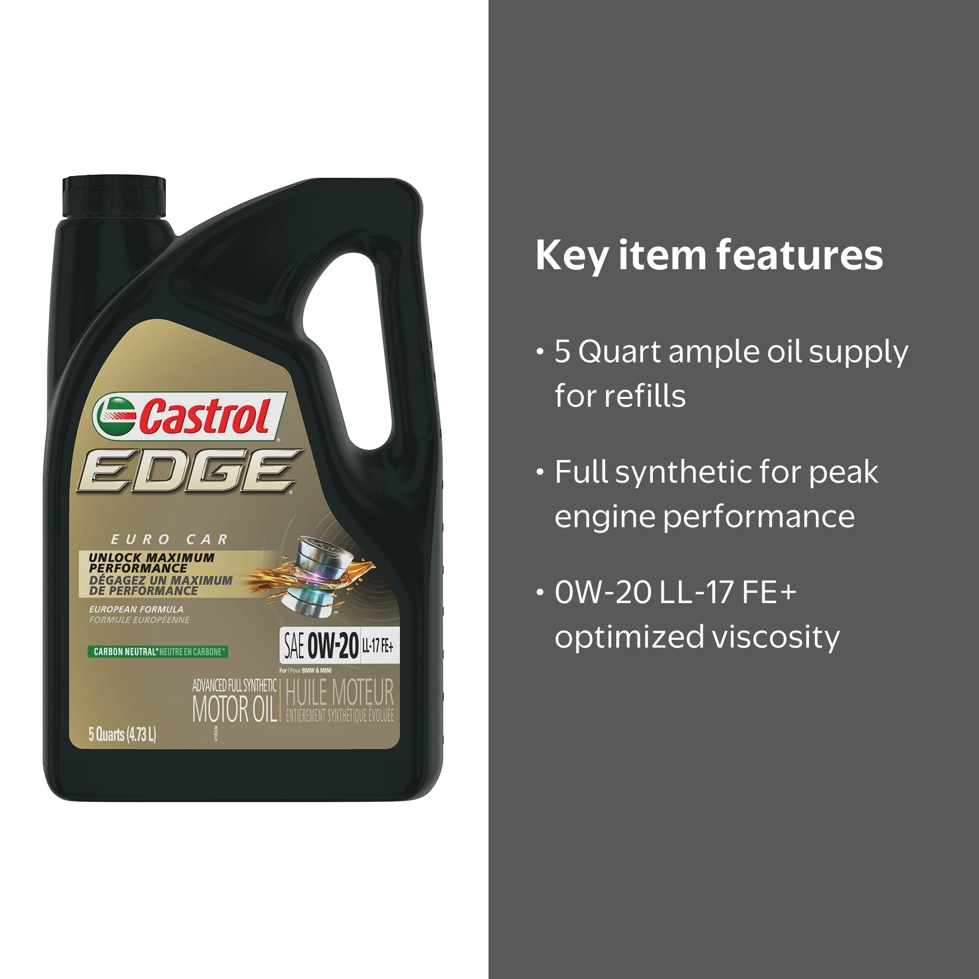 Castrol Edge 0W-20 LL-17 FE+, Advanced Full Synthetic Motor Oil, 5