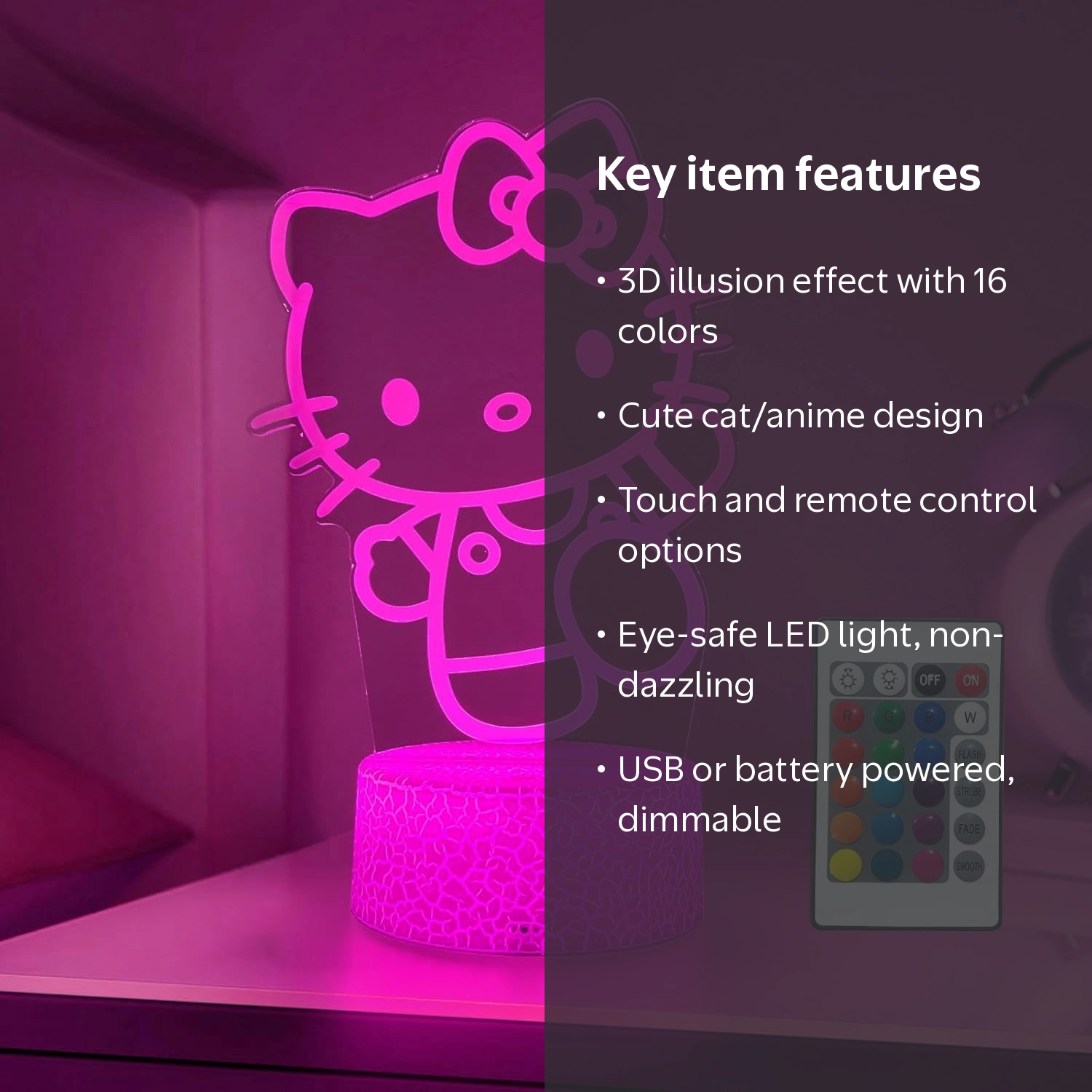 AORSHER, Cute Cat Night Light, Multicolor, 16 Color Change Decor