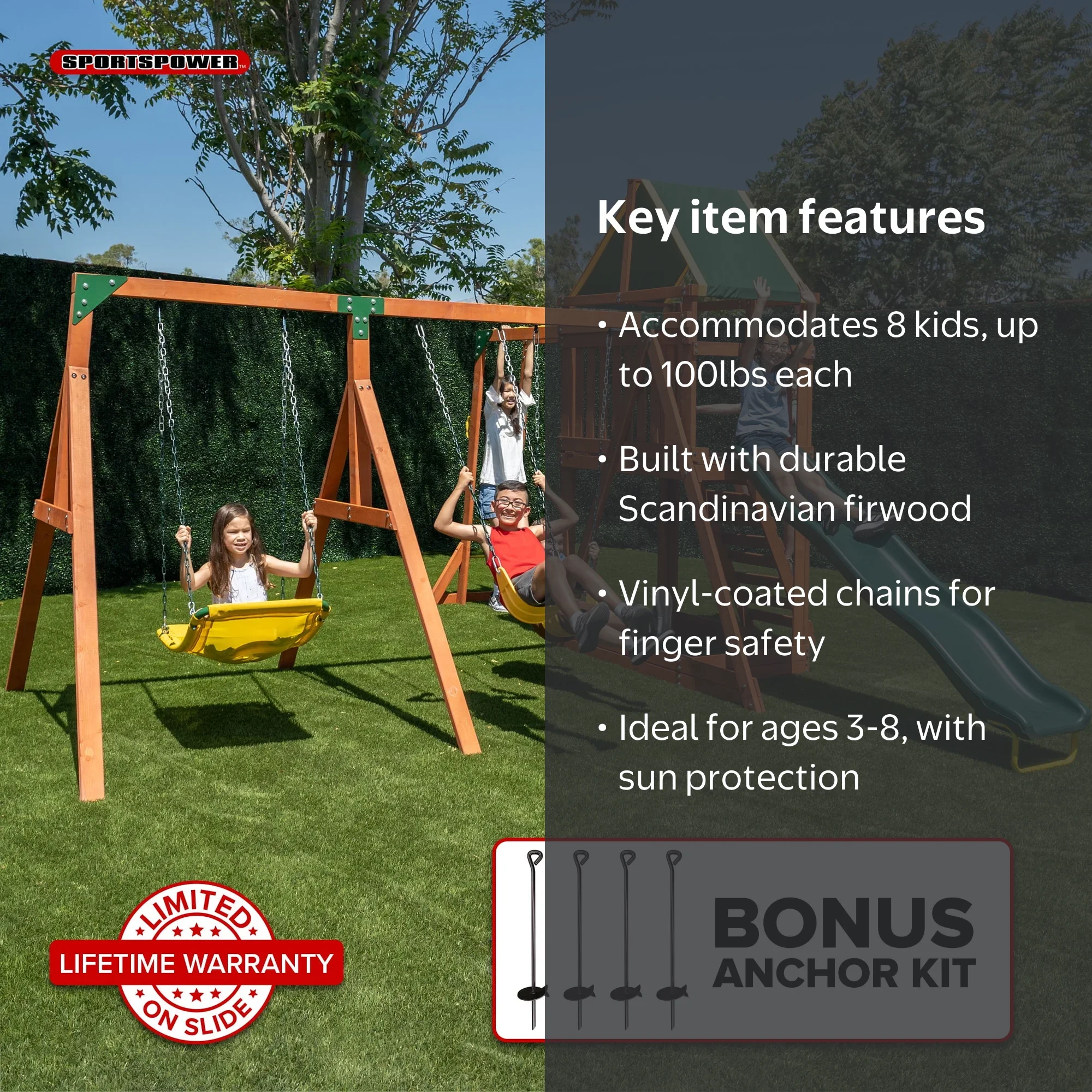 Sportspower Olympia Wooden Swing Set for Kids 3-8 with 2 Belt