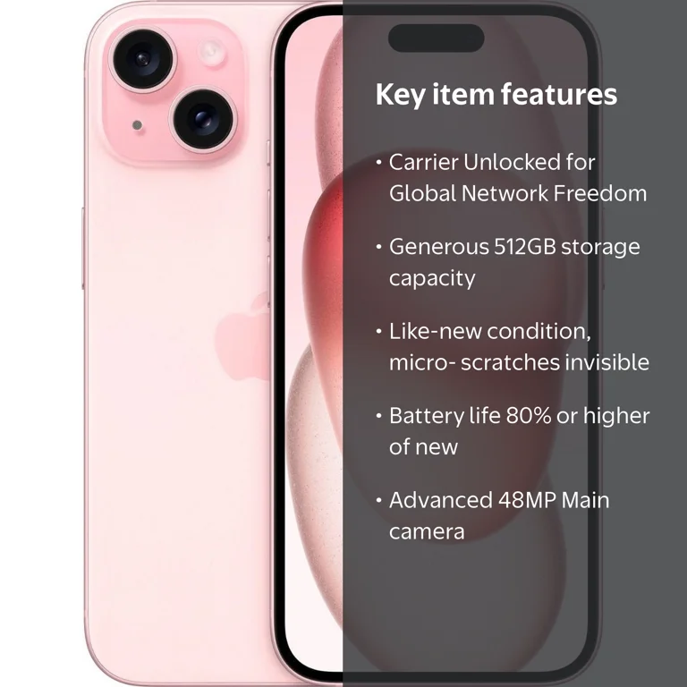 Apple iPhone 15, Fully Unlocked Smartphone, 512GB Pink