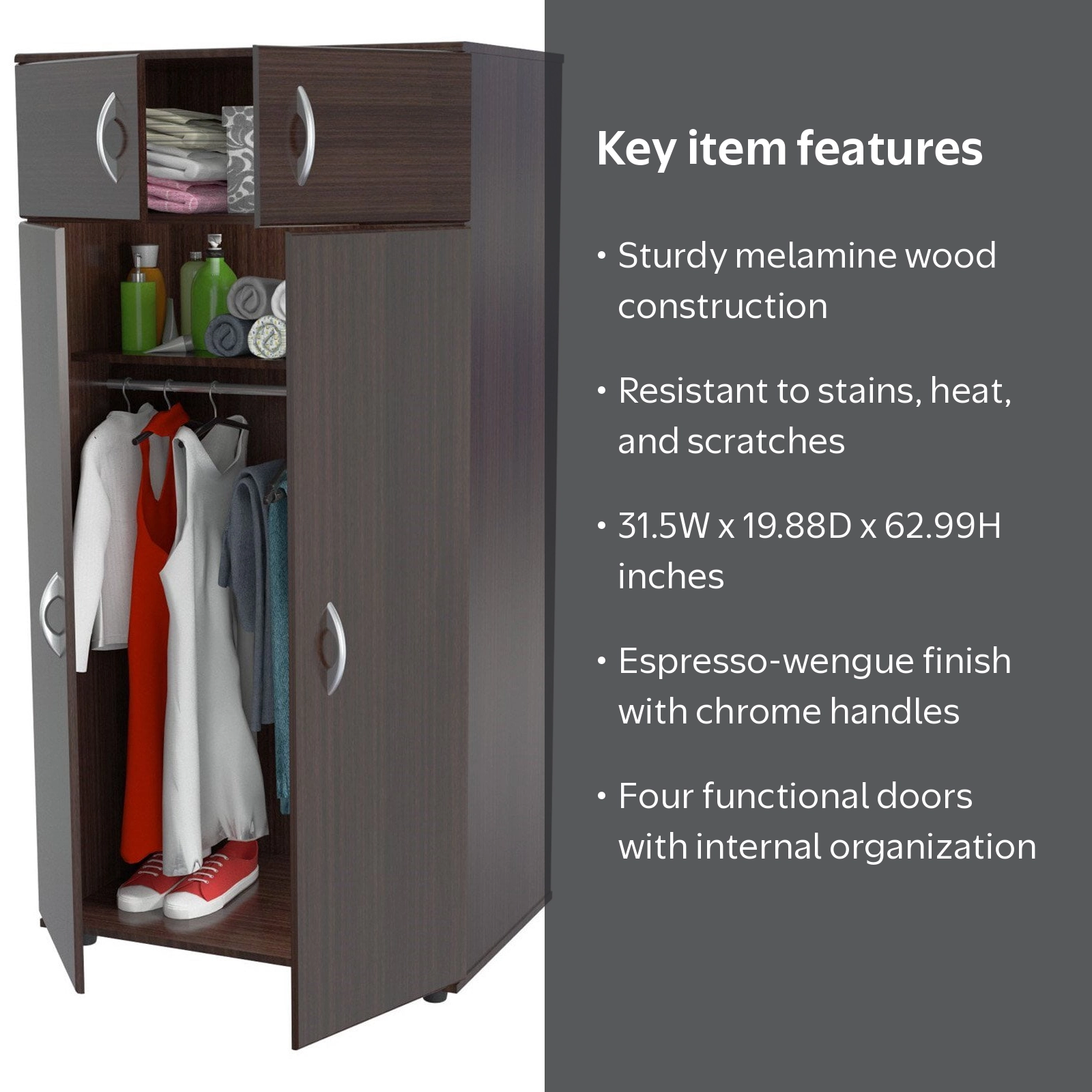 Inval Four Door Wardrobe/Armoire, Espresso - Wengue Finish