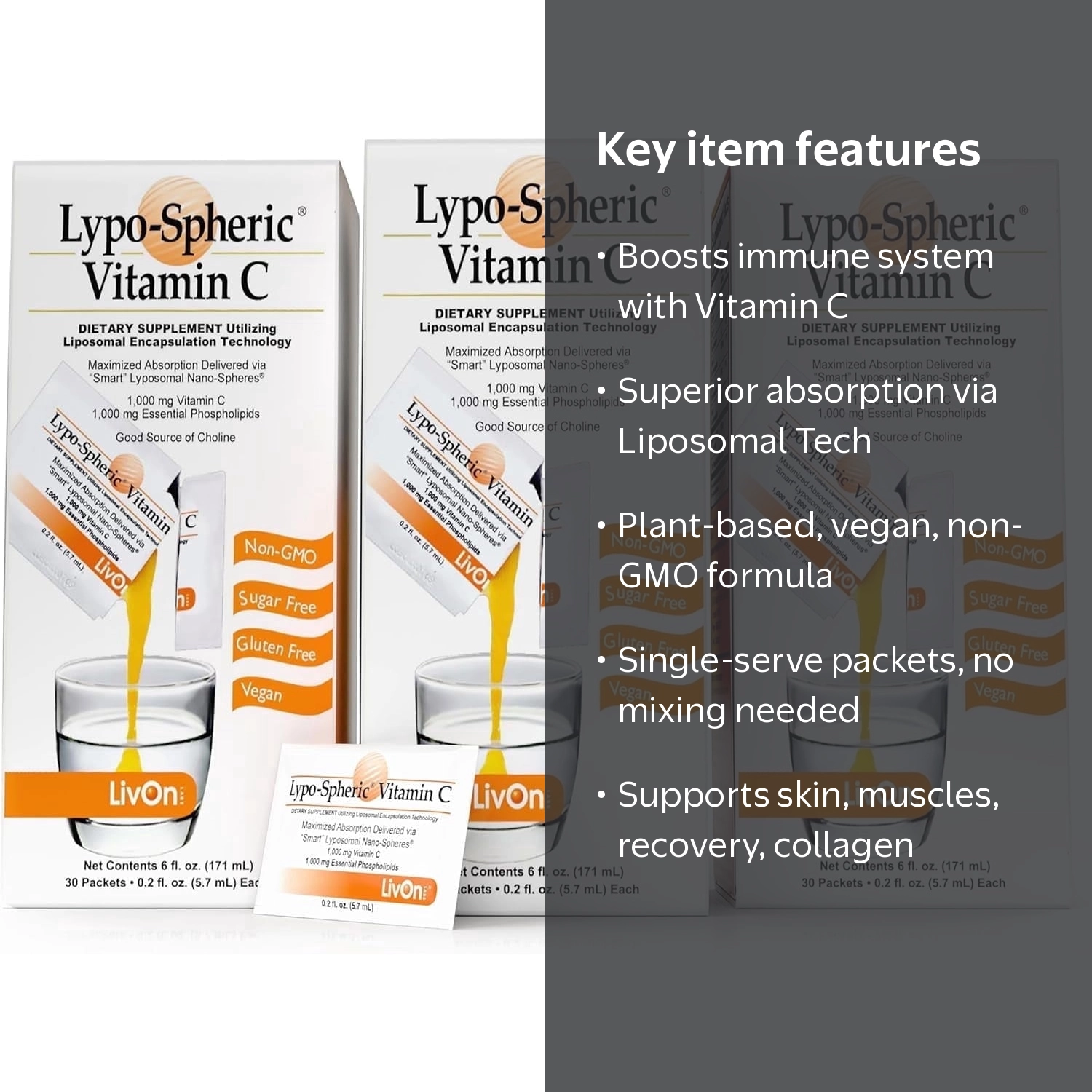 LivOn Labs, Liposomal Vitamin C Supplement, 1000mg, 90 Packets