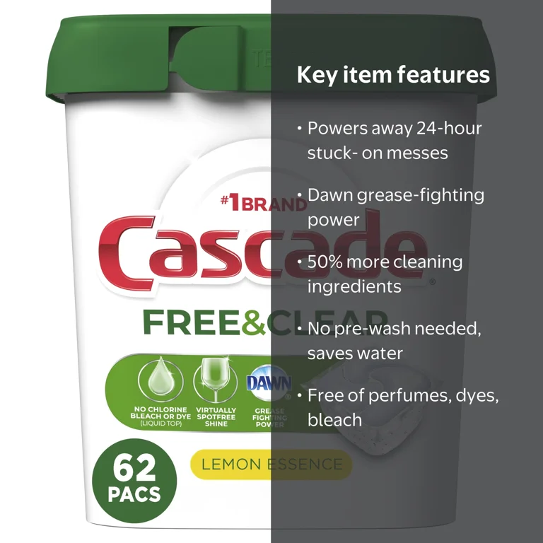 Cascade, Dishwasher Detergent, Free and Clear, 62 count - Walmart.com