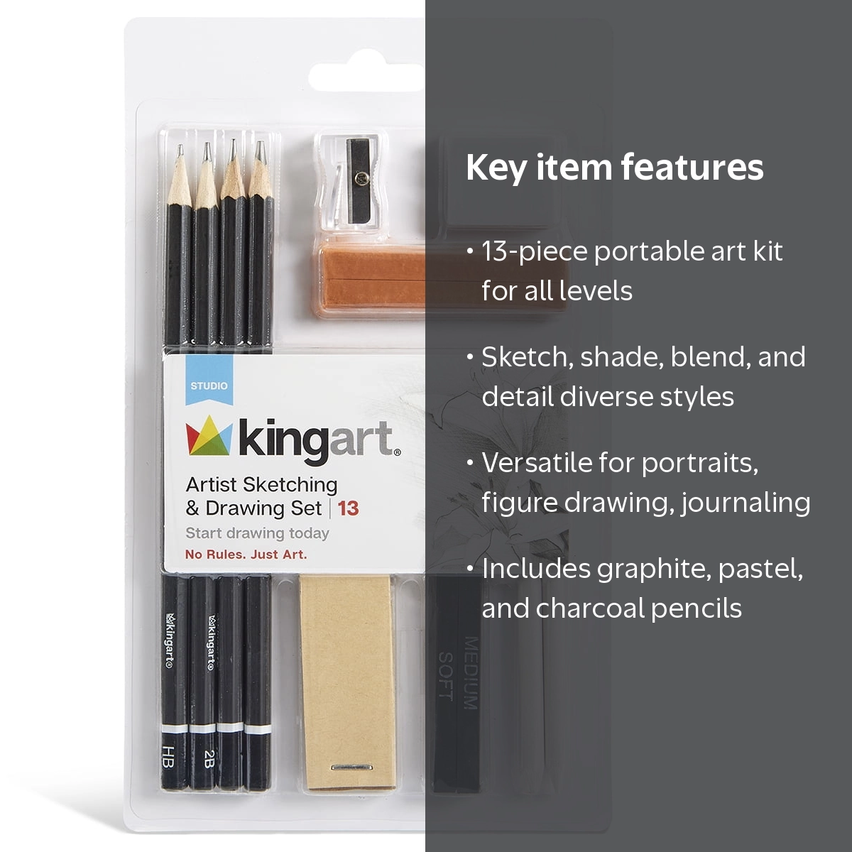 King art 13 Piece Sketching Drawing Kit with Pencils Charcoal