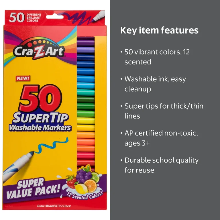 Larose Industries Washable Markers Set 50 Colors Including 12
