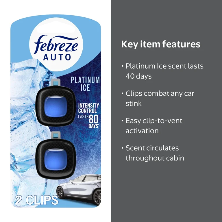 Febreze AUTO Car Freshener, Odor-Fighting Car Vent Clip, Platinum Ice, 2 Count