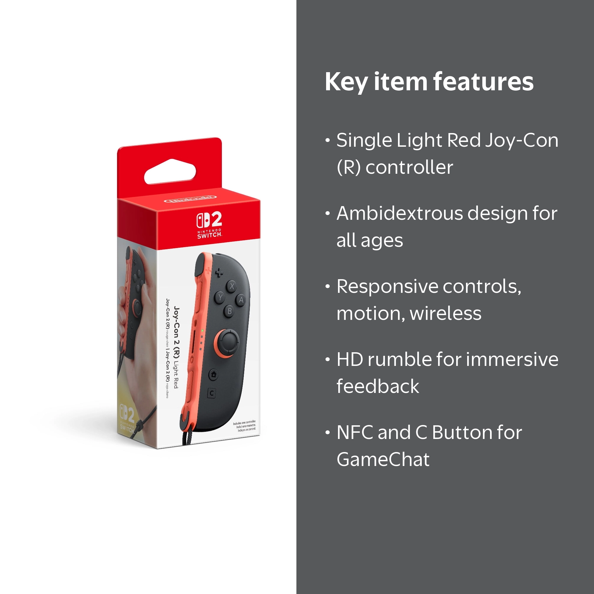 Nintendo, Joy-Con, 2 (R) Light Red Ambidextrous Controller