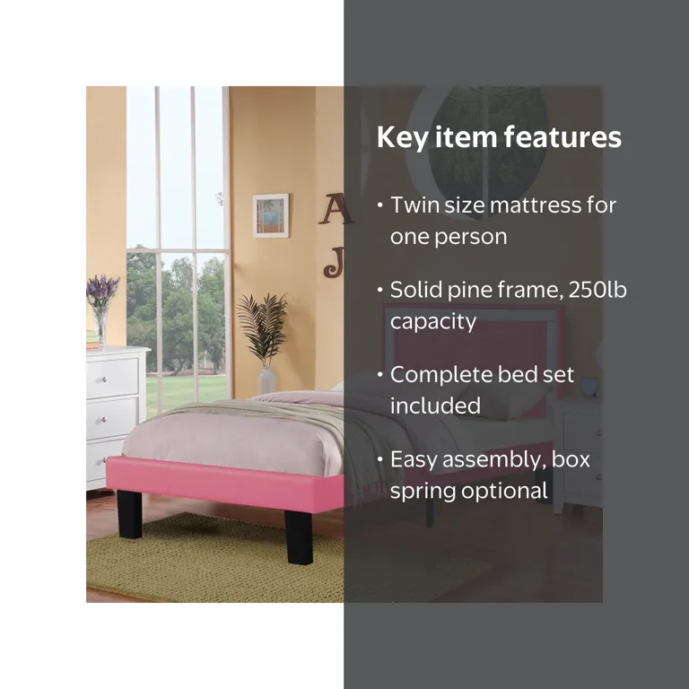 Poundex Pink Twin Size Bed, High Glitter-Tufted Headboard