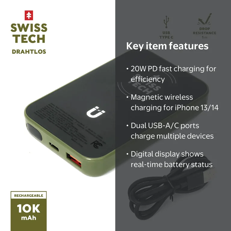 Swiss Tech Portable Power Bank, 10000mAh, Wireless Charging
