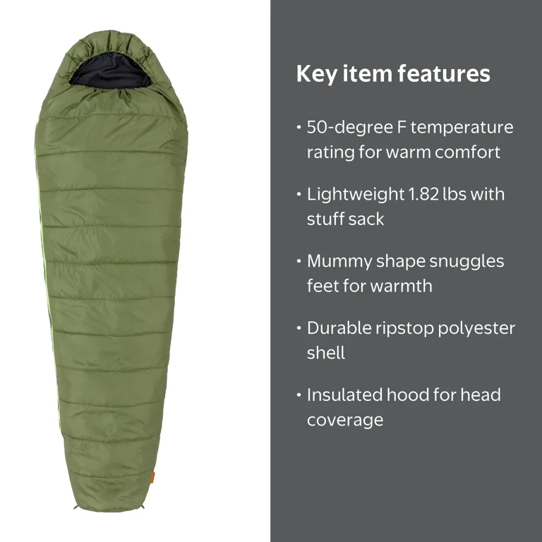 Ozark Trail Sleeping Bag 50F Compact Mummy Green 88.6x31.5 inches