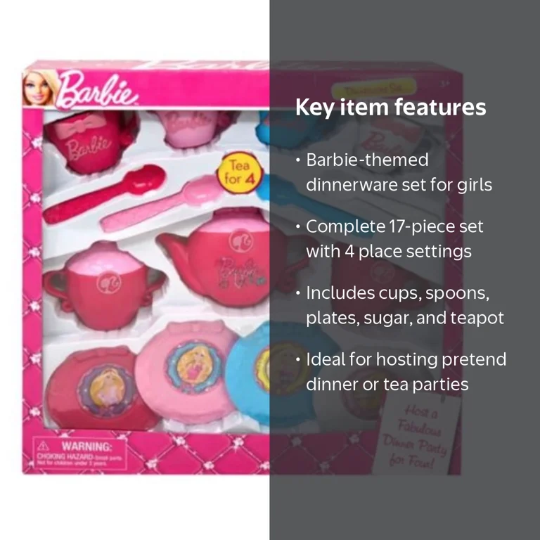 Mattel Barbie 17-Piece Dinnerware Set for Kids, Ages 3+, Spa