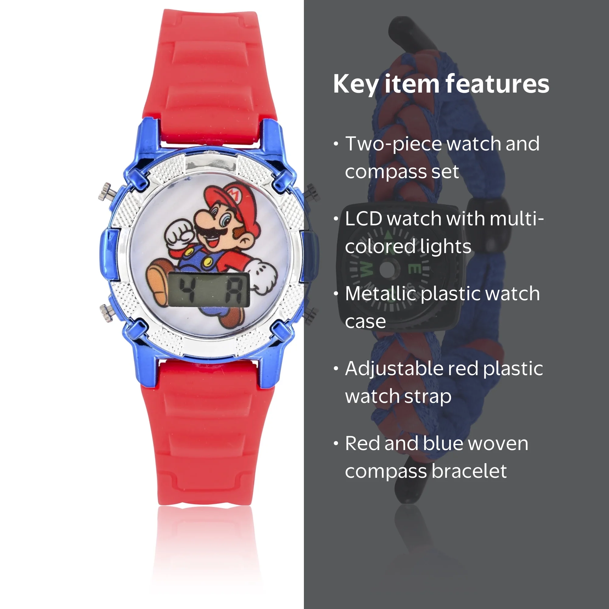 Mario Kids Flashing Lights LCD Watch with Matching Woven Compass