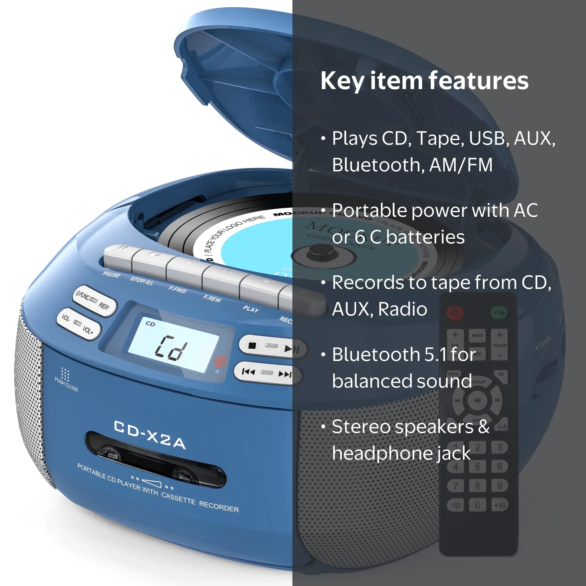 Greadio Boombox CD Cassette Player Combo, Portable with Bluetooth