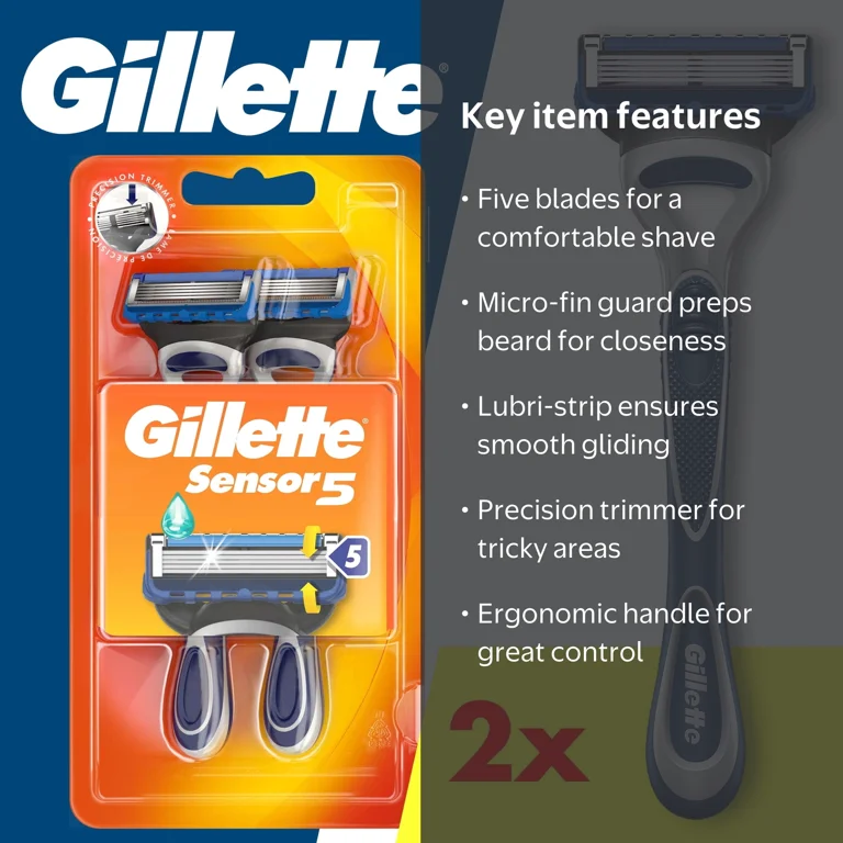 Gillette, Men's Disposable Razor, Sensor5, 2 Count Silver and Blue