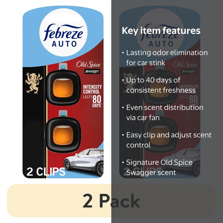 Febreze AUTO Car Air Freshener, Odor-Fighting Car Vent Clip, Old Spice Swagger, 2 Count