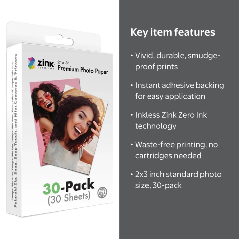Zink, Snap Touch/Zip/Mint Cameras Photo Paper, 2x3, 30 Sheets