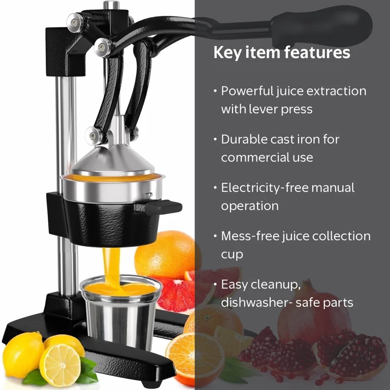 Eurolux Cast Iron Citrus Juicer Manual Juicer with Stainless Steel Cup, Commercial Grade Heavy Duty Black Citrus Press