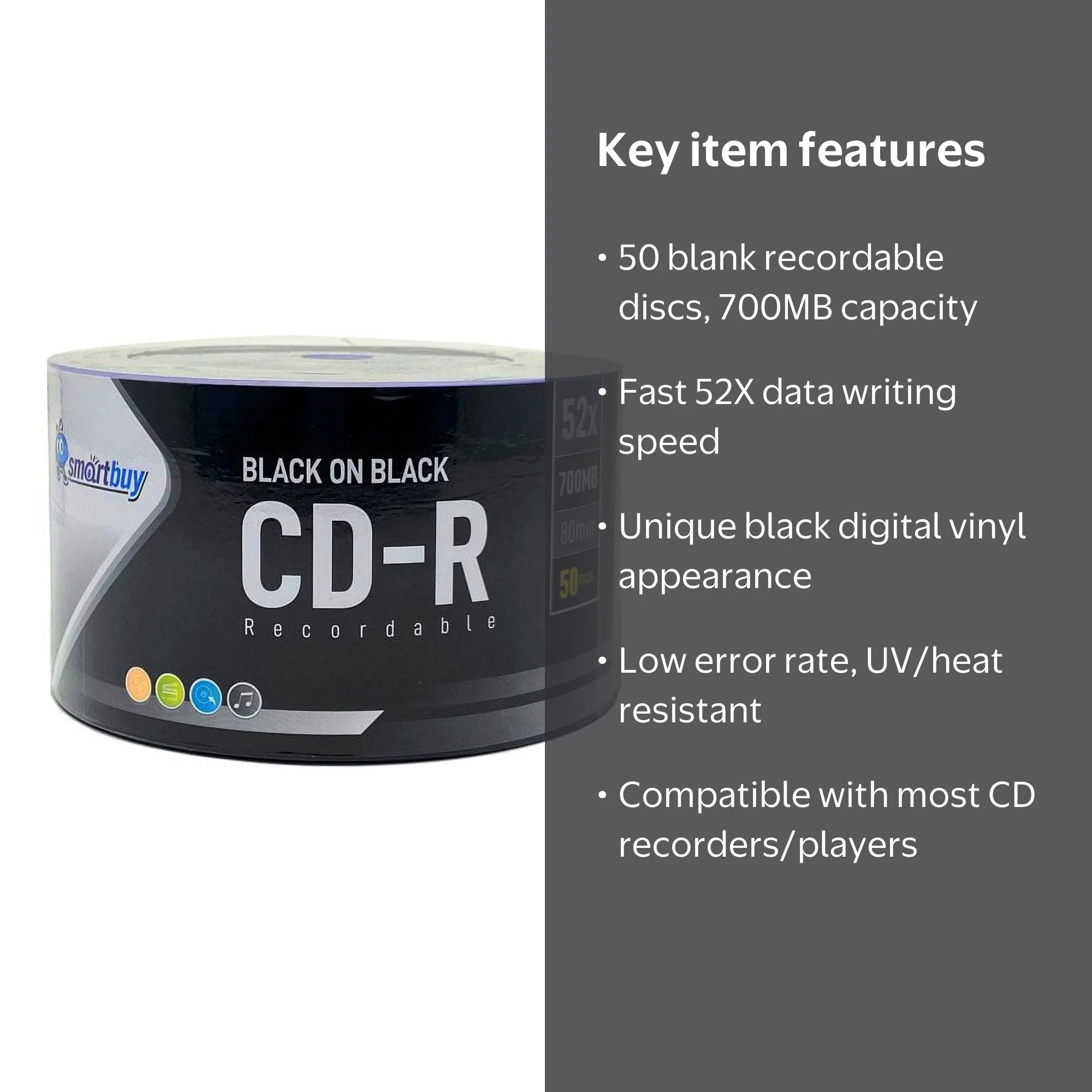 Smartbuy 50 Pack Black on Black CD-R 52X 700MB for Music Recording
