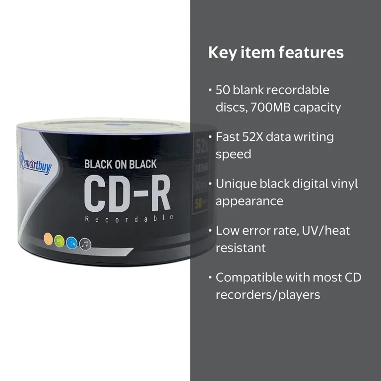 Smartbuy 50 Pack Black on Black CD-R 52X 700MB for Music Recording