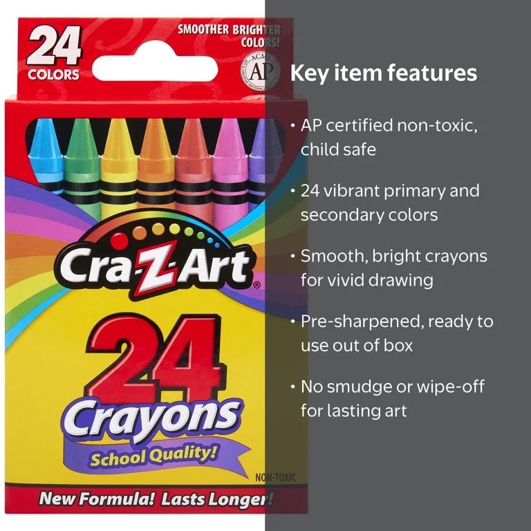 Cra-Z-Art 24 Count Assorted Multicolor Crayons for Kids and School