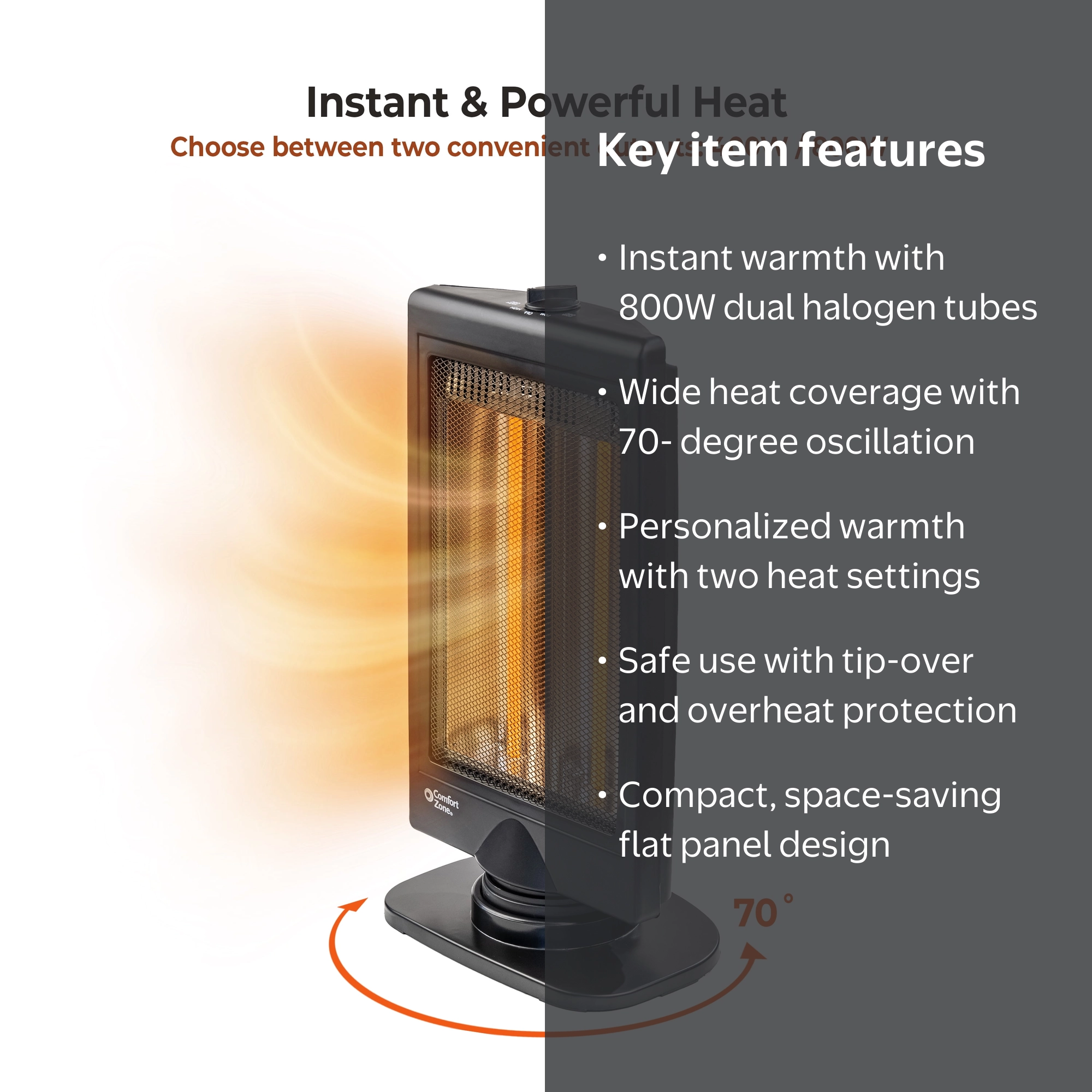 Comfort Zone, Space Heater, 800-Watt, Oscillating Flat Panel