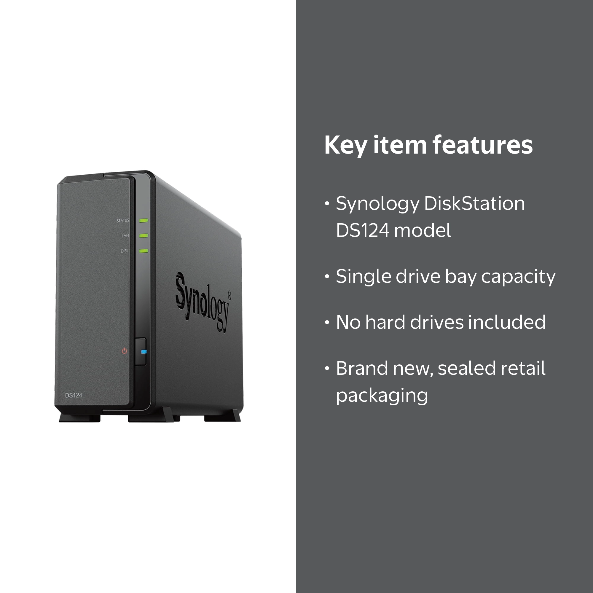 Synology, DiskStation DS124, 1-Bay, Diskless, Network Storage