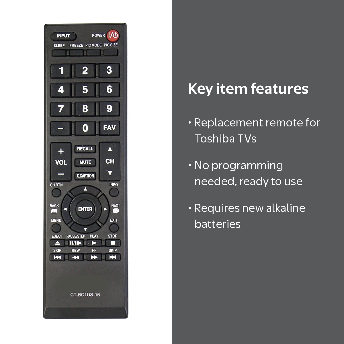 PerFascin, Remote Control, CT-RC1US-16, Fit for Toshiba TV
