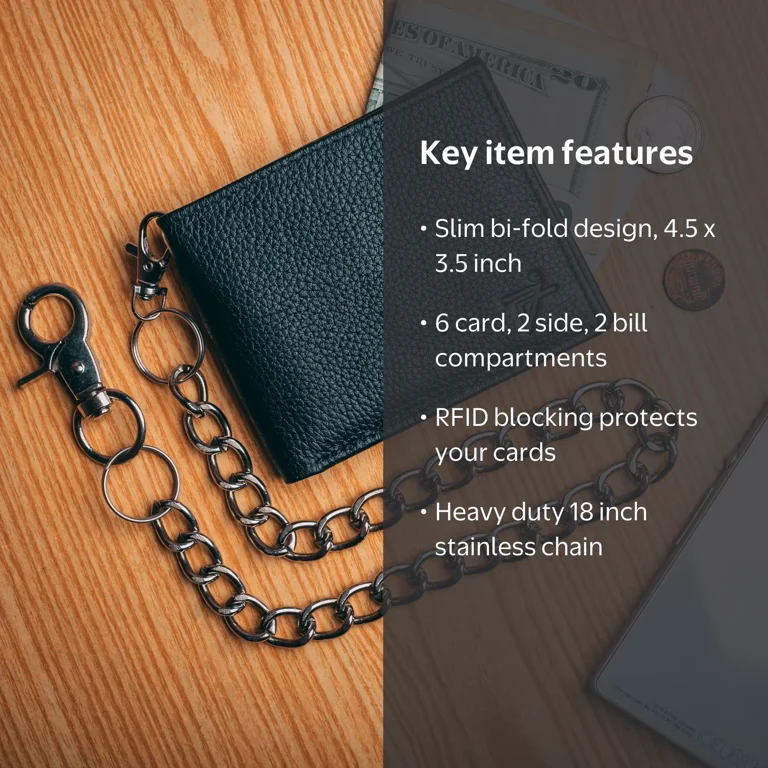 Chain Wallet for Men RFID Safe Black Biker Leather Slim Bi-Fold