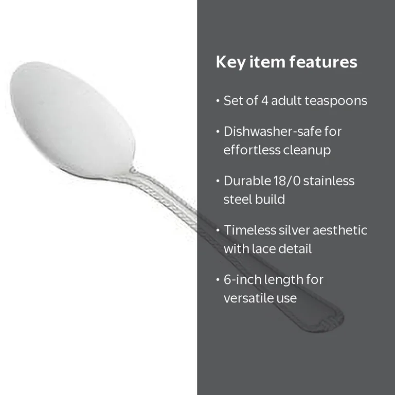 Mainstays Lace Stainless Steel Adult Teaspoon, 4-Piece Set, Silver
