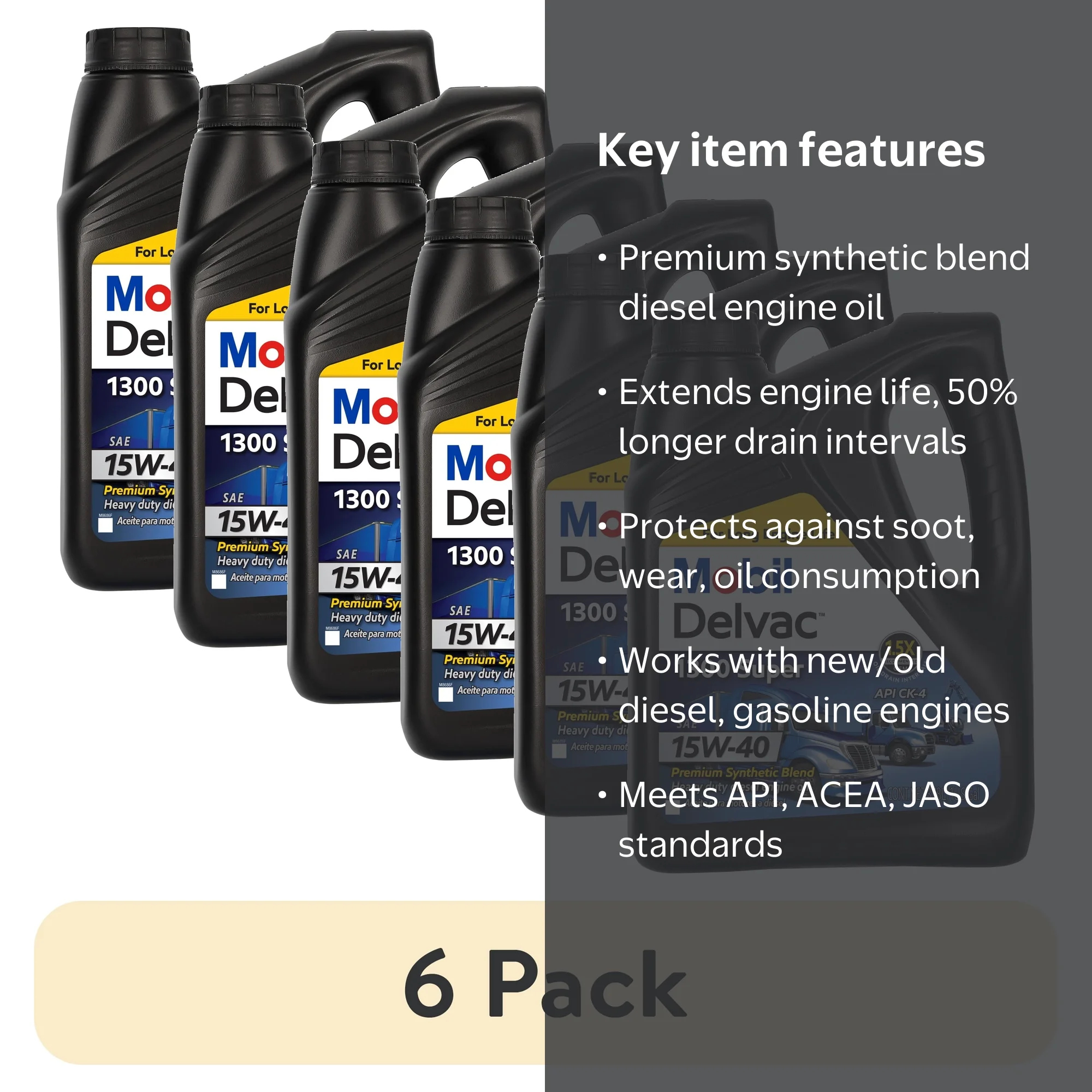 6 pack) Mobil Delvac 1300 Super Heavy Duty Premium Synthetic Blend