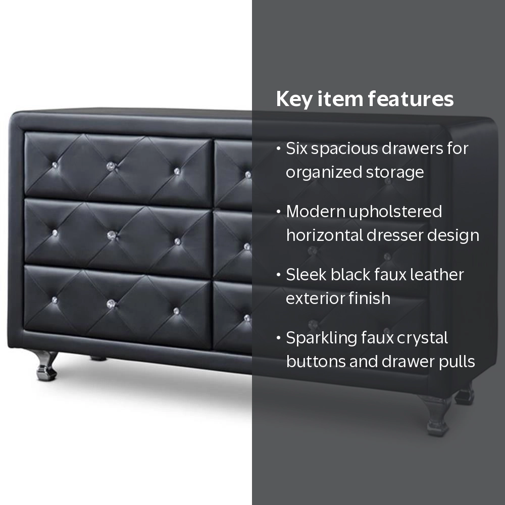 baxton studio luminescence black faux leather upholstered dresser 6 Drawer Double 18022025oedress